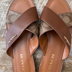 Coach Tan and Brown Cross Strap Sandals